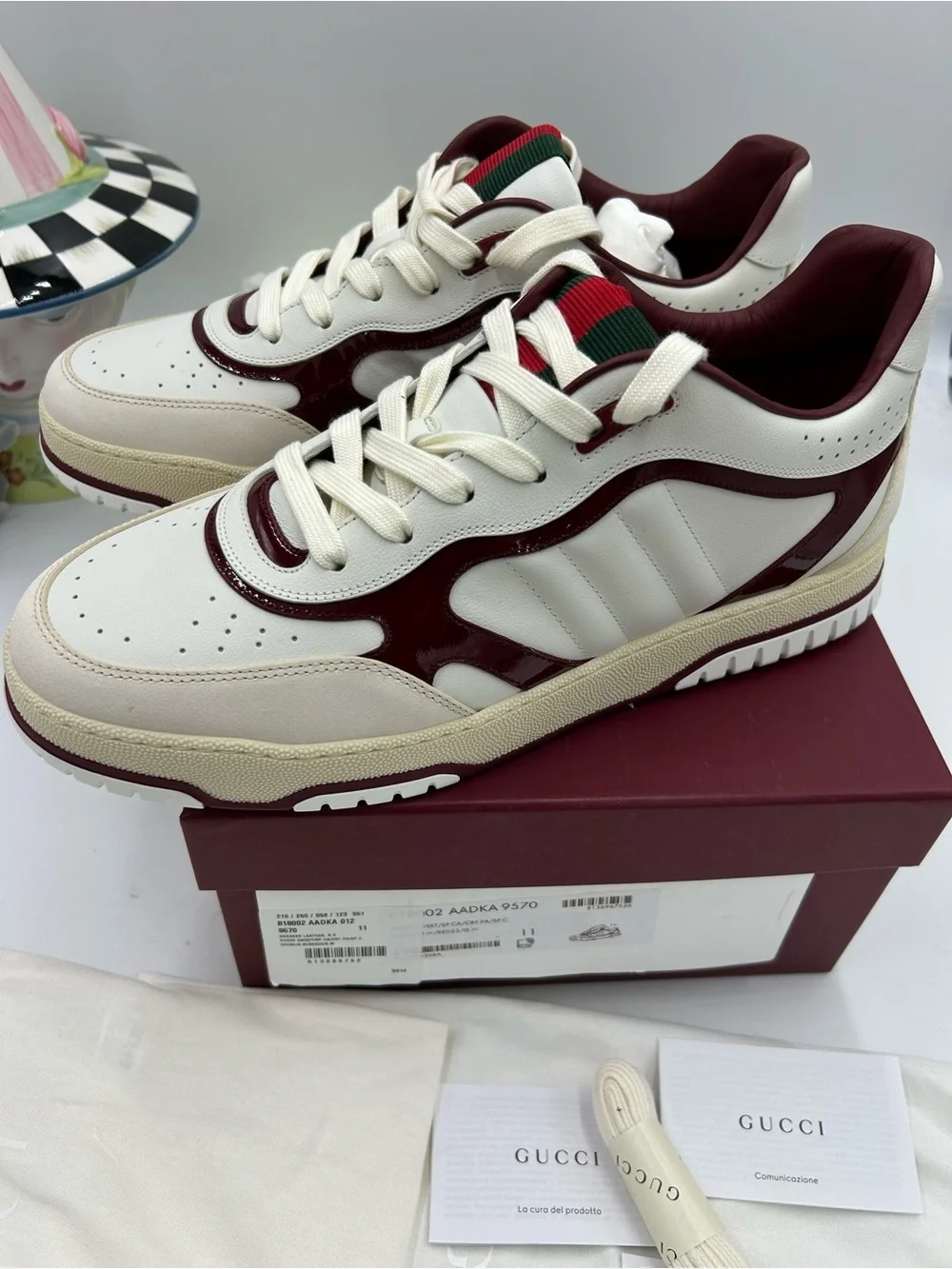 Men's Gucci re-web sneakers in white leather and patent trim size 11 fits 12 US